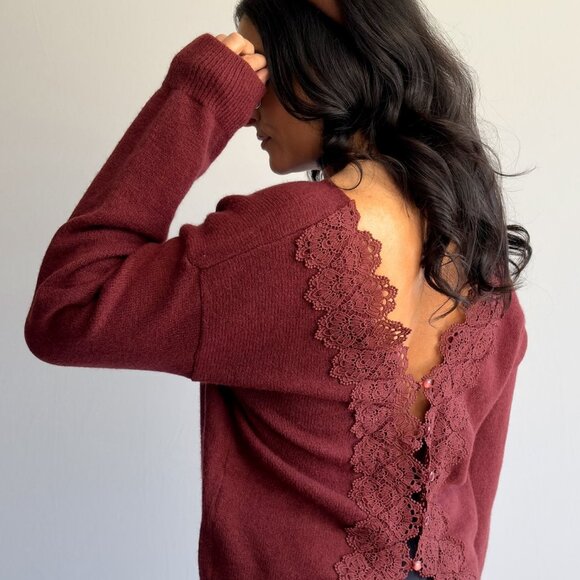 Women’s 3-Way Lace-Trim Convertible Sweater Cardigan – Burgundy - Picture 2 of 13